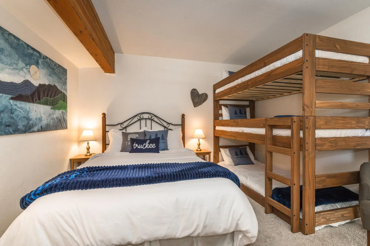 Queen bed and Twin XL bunk together in one room